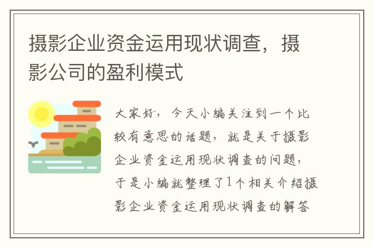 摄影企业资金运用现状调查，摄影公司的盈利模式